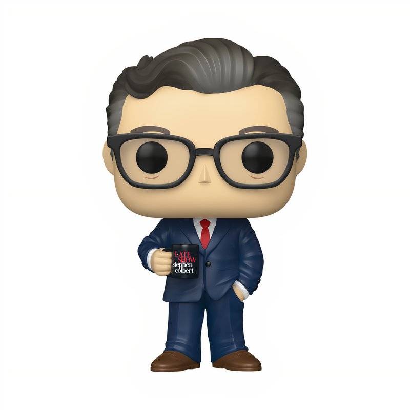 Funko Pop figure of Late Show's Stephen Colbert holding a mug with the other hand in his pocket