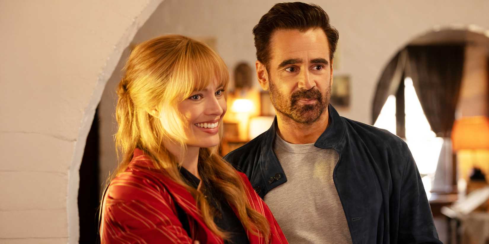 Custom image of Margot Robbie and Colin Farrell for Kogonada's A Big Bold Beautiful Journey interview