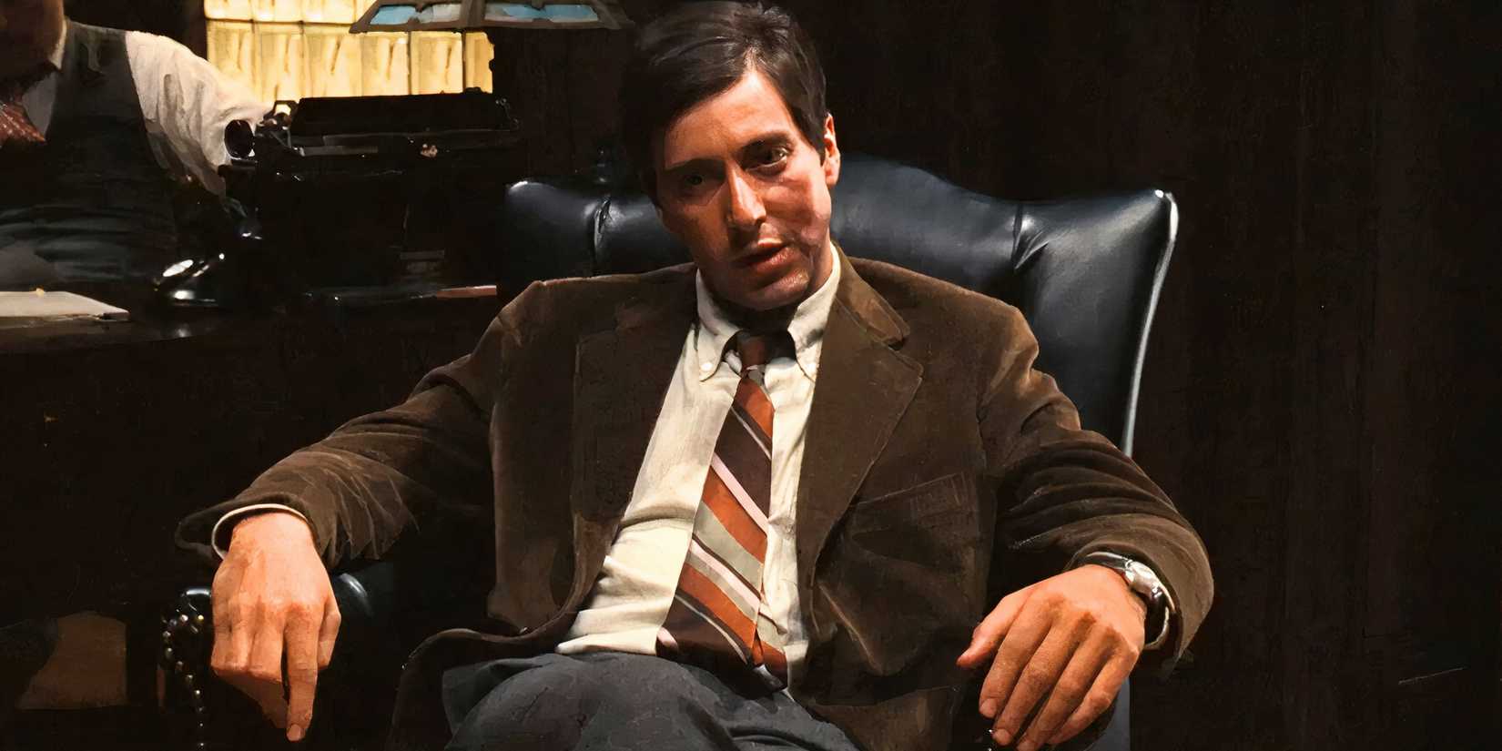 Al Pacino as Michael Corleone sitting in a chair in The Godfather (1972)