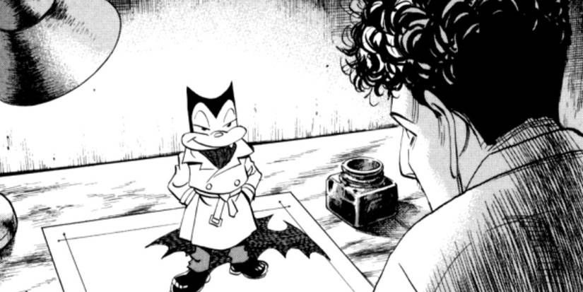 A man staring at a cartoon bat coming out of a piece of paper in the Billy Bat manga