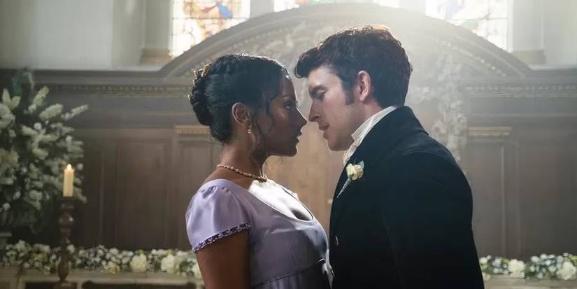 Bridgerton's Kate and Anthony, nose to nose, and about to kiss in Season 2.