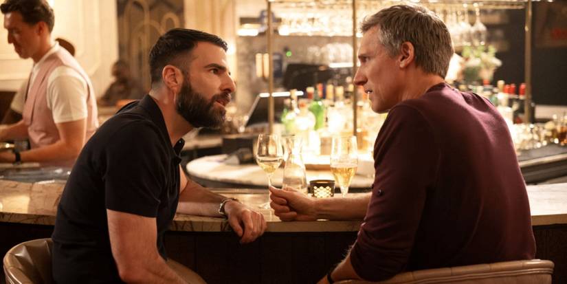 Zachary Quinto as Dr. Oliver Wolf sitting at a bar with Teddy Sears as Dr. Josh Nichols in Brilliant Minds