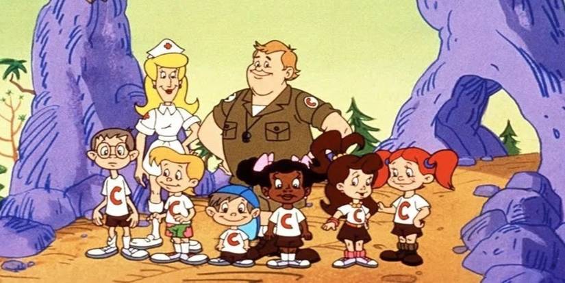 John Candy as an animated character surrounded by kids at a summer camp in the Camp Candy TV series.