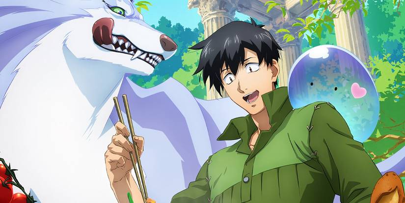 The protagonist with his monster companions in the anime series, Campfire Cooking in Another World with My Absurd Skill.