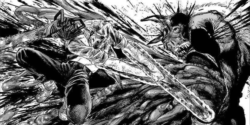A man with chainsaws on his body cutting a giant bat monster in Chainsaw Man