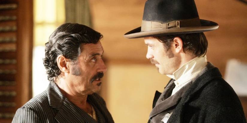 Ian McShane as Al Swearengen and Timothy Olyphant as Seth Bullock on the 'Deadwood' episode 'A Lie Upon Agreed Upon Part 1.'