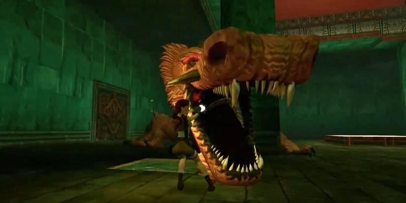 Lara Croft fights a dragon in an underground temple in the 1997 video game Tomb Raider II