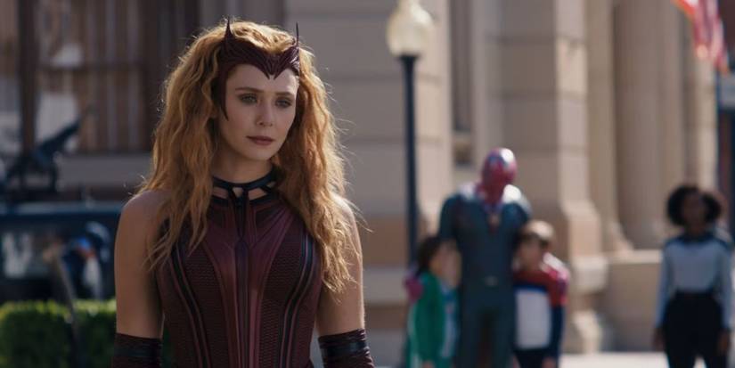 Elizabeth Olsen as Wanda Maximoff, wearing her Scarlet Witch outfit in WandaVision