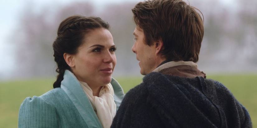 Lana Parrilla and Noah Bean talking close together outdoors in Once Upon a Time.
