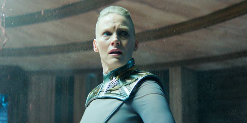 Demerzel looking back behind her with a concerned expression in the Foundation Season 3 finale.