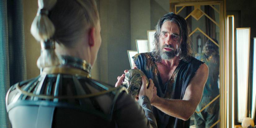 Day handing the Brazen Head skull to Demerzel in the Foundation Season 3 finale