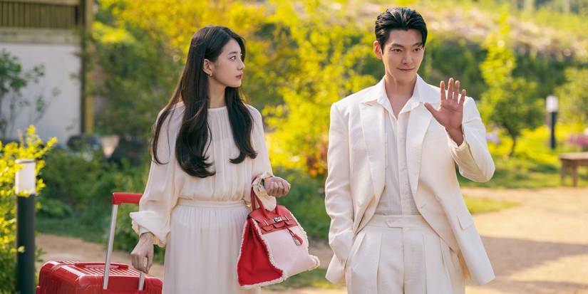 Bae Suzy as Ka-young and Kim Woo-bin as Iblis walking outdoors in 'Genie, Make Me a Wish.'
