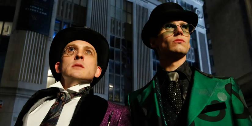 Cory Michael Smith and Robin Lord Taylor as Riddler and Penguin in a hero shot in their classic costumes in 'Gotham'.