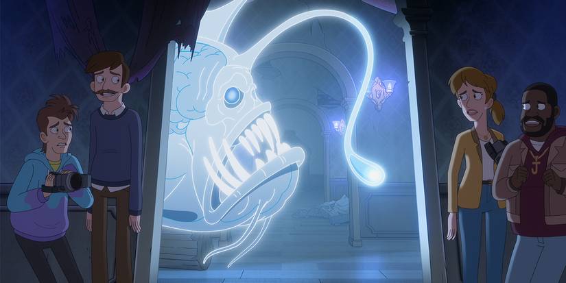 People hiding from a luminescent anglerfish in Haunted Hotel