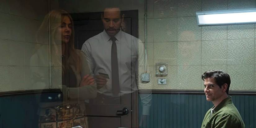 A reflection of Morgan, Karadec, and Selena through the Game Maker's interrogation room in High Potential Season 2
