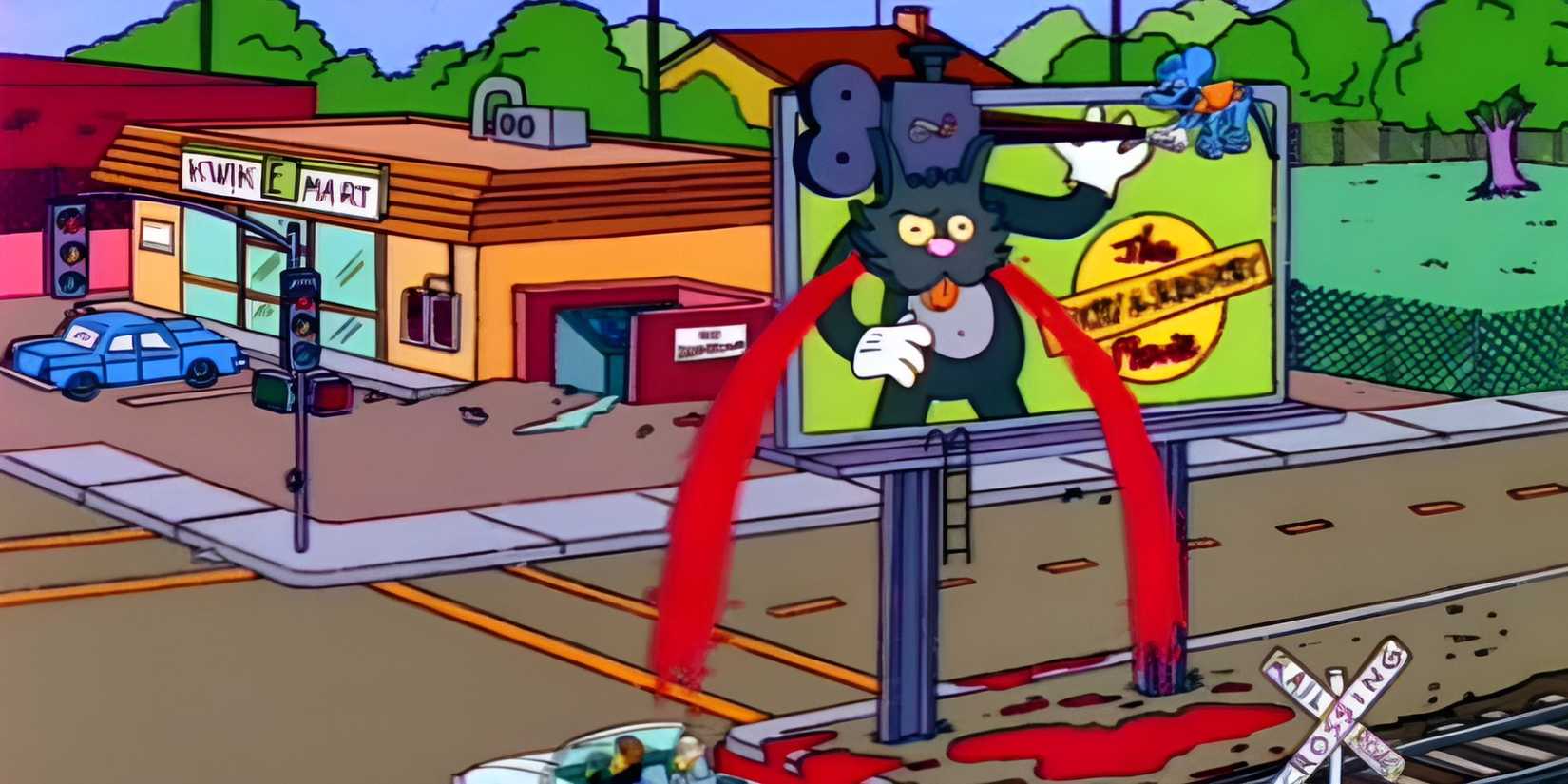 A billboard for Itchy and Scratchy: The Movie sprays blood on the street in The Simpsons.