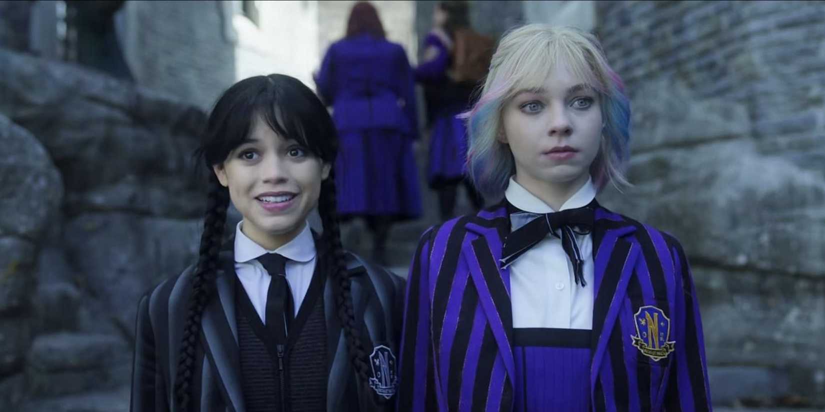 Jenna Ortega as Wednesday and Emma Myers as Enid in Season 2, Episode 6 of Wednesday