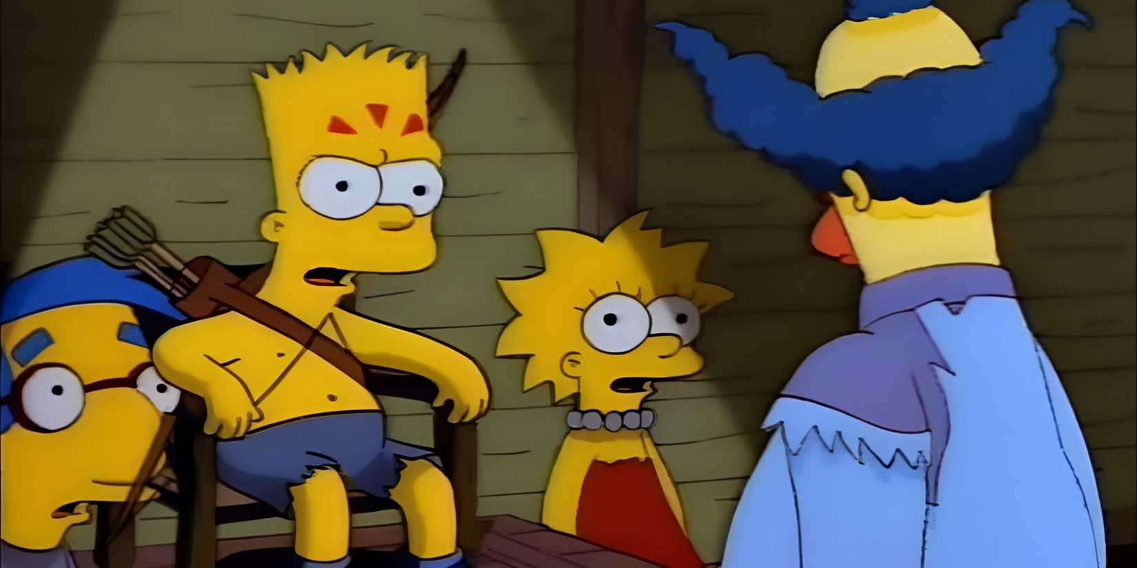 Bart in a chair with face paint as Krusty the Clown stands before him in Kamp Krusty episode of The Simpsons.
