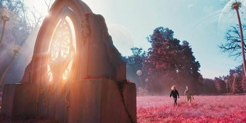 Ada and Albert walk towards an ornate door in a field of pink grass and trees in Kleks Academy.