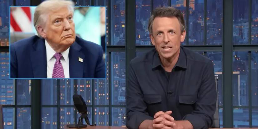 Seth Meyers bercanda tentang Donald Trump di 'Late Night with Seth Meyers.'