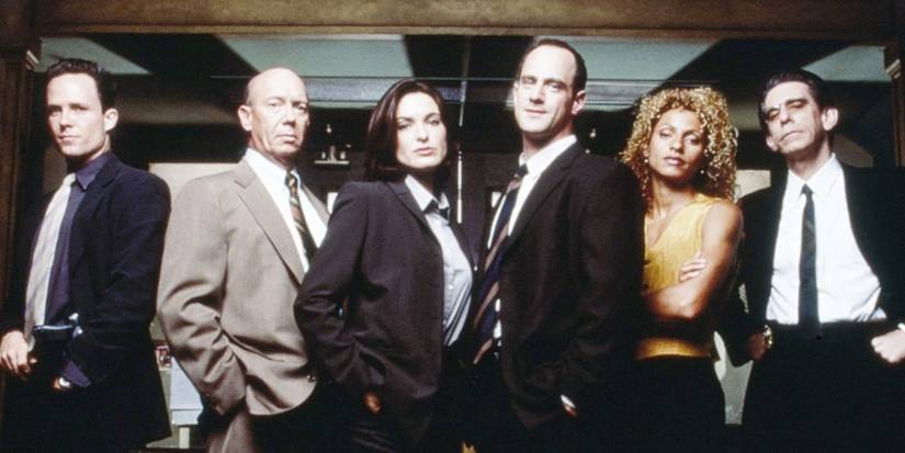 The cast of Law & Order: Special Victims Unit, featuring Dean Winters, Dann Florek, Mariska Hargitay, Christopher Meloni, Michelle Hurd, Richard Belzer