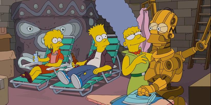 Lisa (Yeardley Smith) and Bart (Nancy Cartwright) looking at Marge (Julie Kavner) with robot Homer (Dan Castellaneta) in the Simpsons' basement in The Simpsons episode "Days of Future Future."