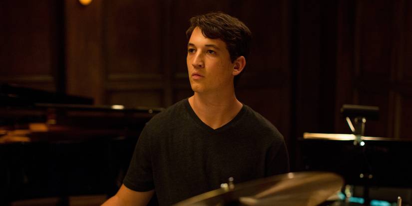 Miles Teller behind his drum set in Whiplash