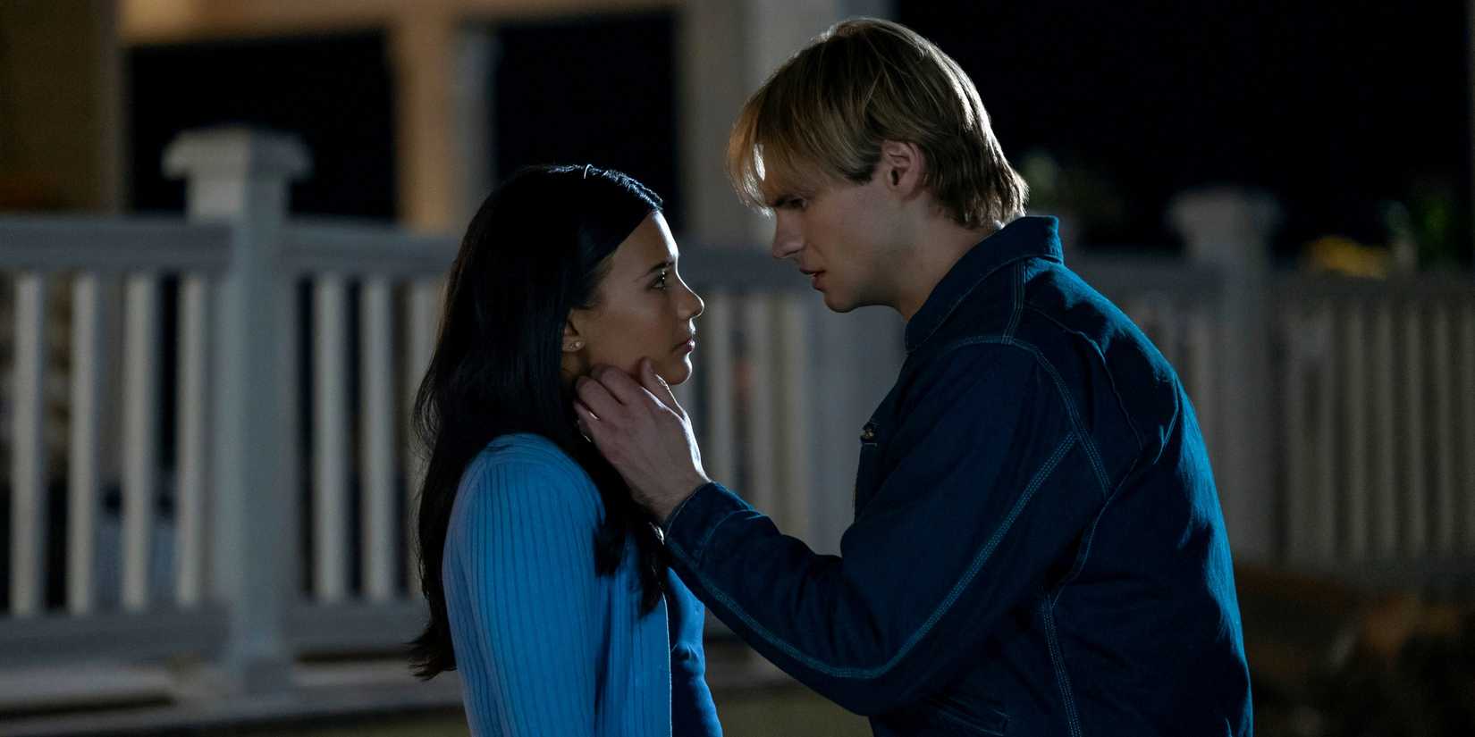 Nikki Rodriguez as Jackie with Noah LaLonde as Cole touching her neck in My Life with the Walter Boys