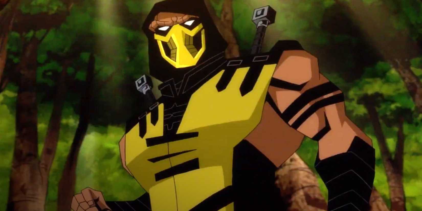 A figure wearing a mask with weapons stands outside in a forest in Mortal Kombat Legends: Scorpions Revenge.