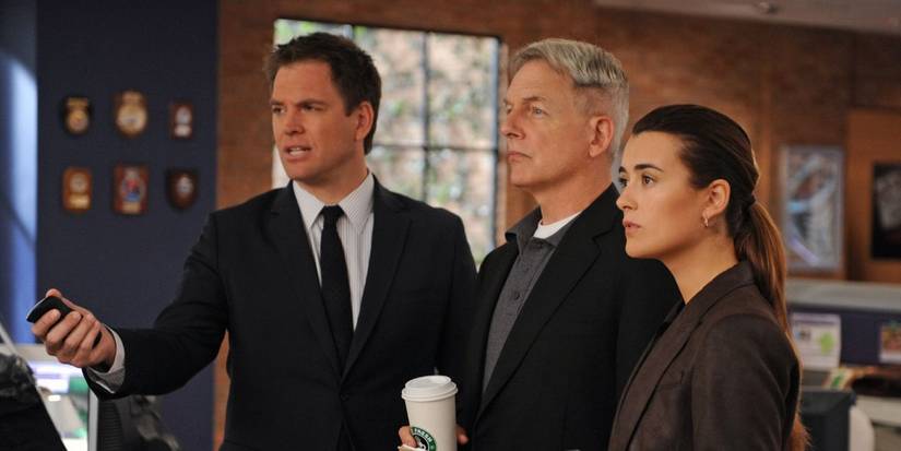 Michael Weatherly as Tony, Cote de Pablo as Ziva and Mark Harmon as Gibbs in NCIS.