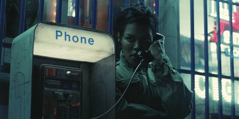 Teyana Taylor on a payphone in One Battle After Another