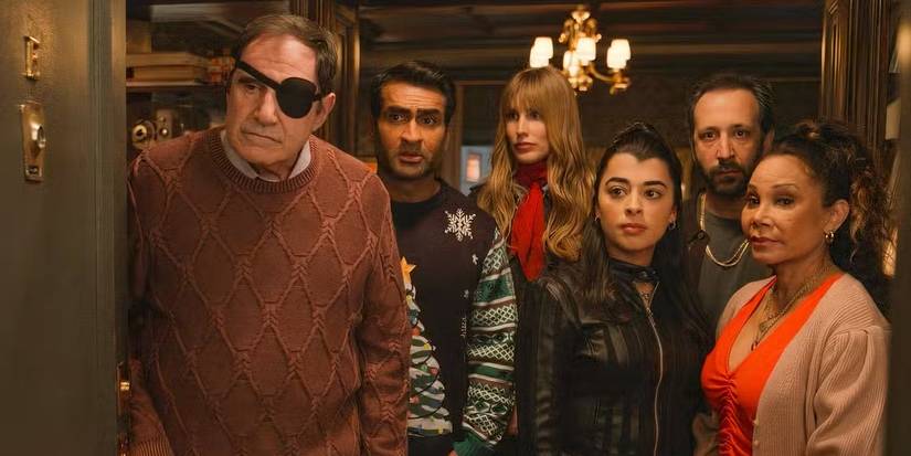 Vince Fish (Richard Kind), Rudy Thurber (Kumail Nanjiani), Helga (Alexandra Templer), Inez (Daphne Rubin-Vega), Alfonzo (Desmin Borges), and Ana (Lilian Rebelo) in Only Murders in the Building