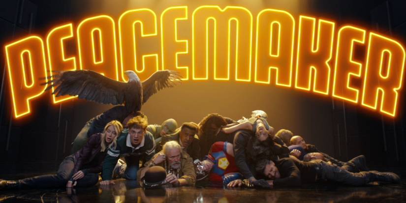 John Cena on the floor surrounded by the entire cast for the opening credits of Peacemaker Season 2