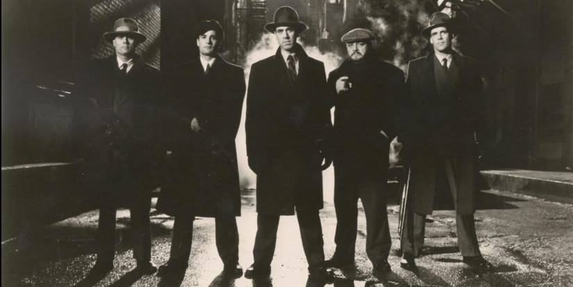 Black and white promotional image of the cast of 1993's The Untouchables.