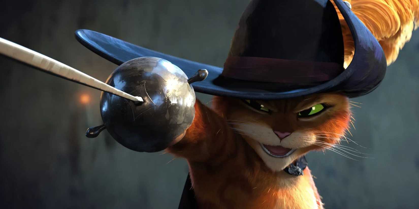Puss in Boots, voiced by Antonio Banderas, holds his sword confidently in Puss in Boots: The Last Wish.