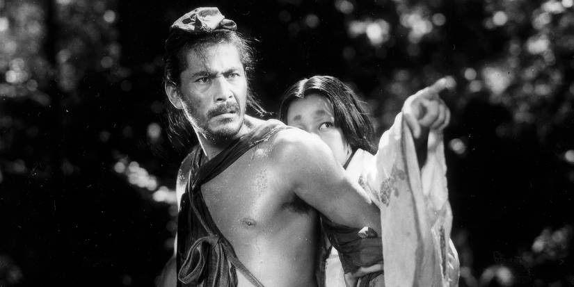 A woman hiding behind a man in Rashomon