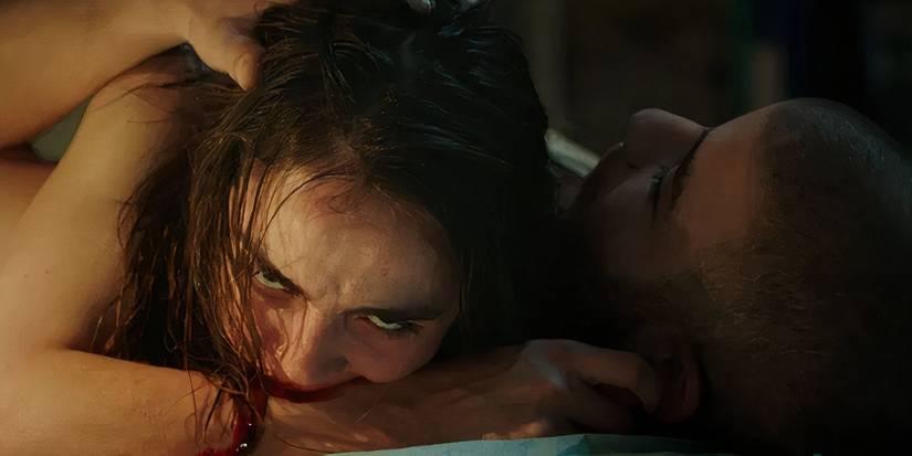 A young woman biting a man in Raw