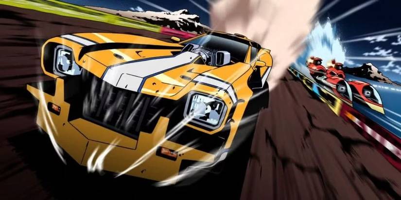 Cars racing at high speed during the anime film Redline.