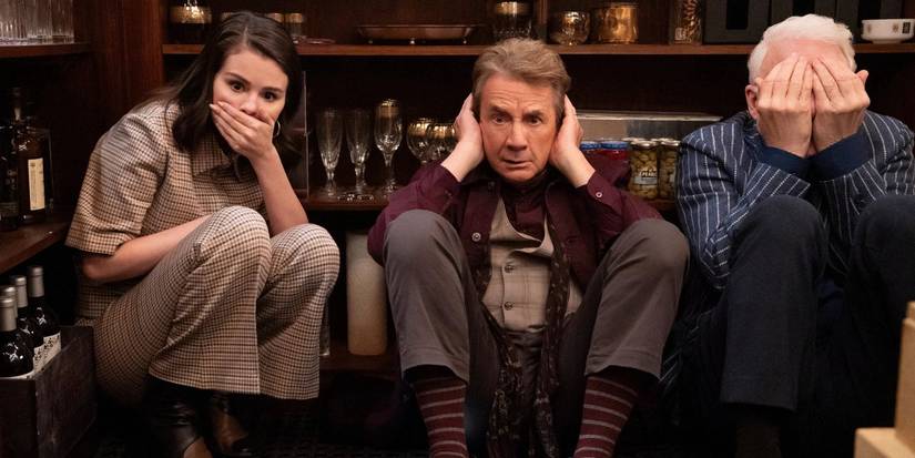 Mabel covering her lips, Oliver covering his ears, and Charles covering his eyes in Only-Murders-in-the-Building