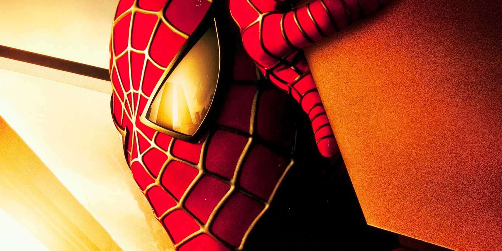 The Twin Towers reflecting on Tobey Maguire's Spider-Man suit in recalled promotional poster for Sam Raimi's Spider-Man.