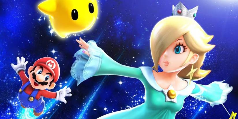 Princess Rosalina an Luma flying through space in Super Mario Galaxy