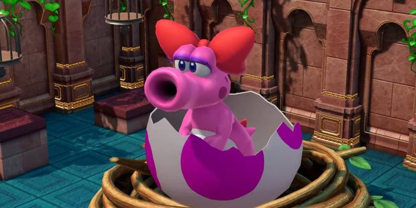 Birdo sitting in a cracked egg in Super Mario RPG Remastered