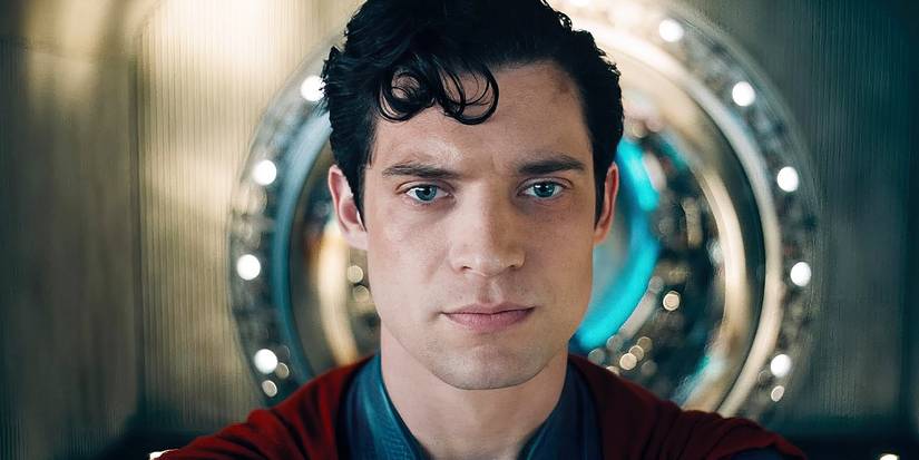 David Corenswet in his Superman suit looking ahead in a still from Superman.
