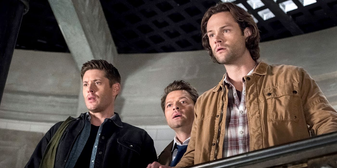 Supernatural's Jensen Ackles, Misha Collins and Jared Padalecki all look in shock and horror at something off screen