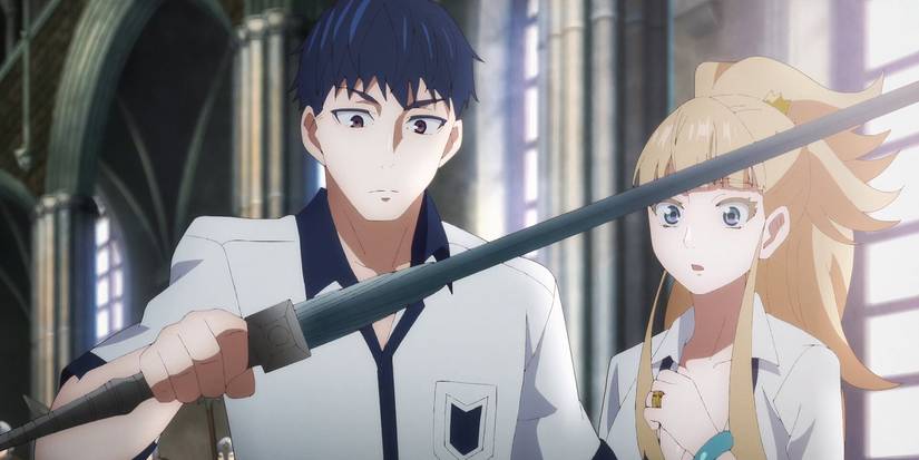 High school boy Satou holding a sword while his childhood best friend watches in the anime Tales of Wedding Rings.