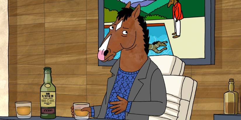 The BoJack Horseman Story, Chapter One - pilot episode (2014) - the titular character sitting at a desk drinking whiskey