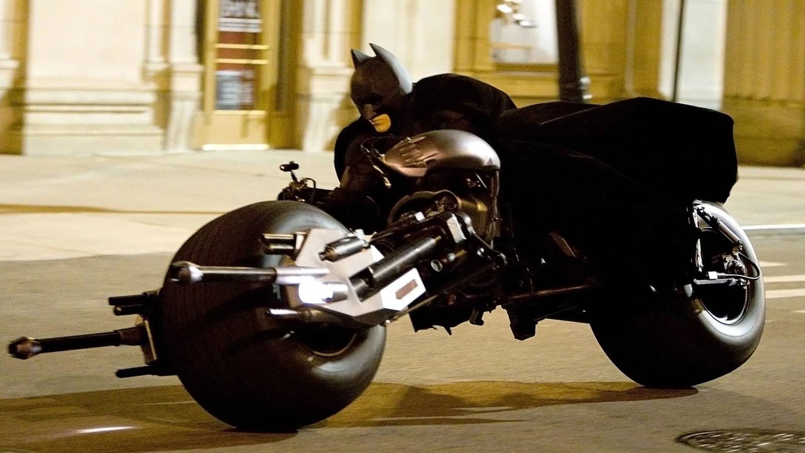 Batman riding the Batpod in The Dark Knight