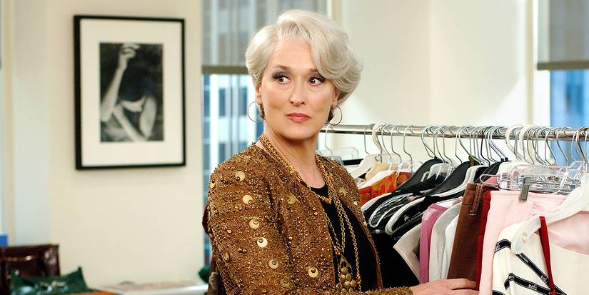 Meryl Streep as Miranda Priestly looking at something off-camera in her office in The Devil Wears Prada.
