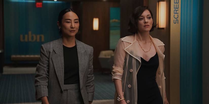 Stella and Celine walking in the office in The Morning Show.