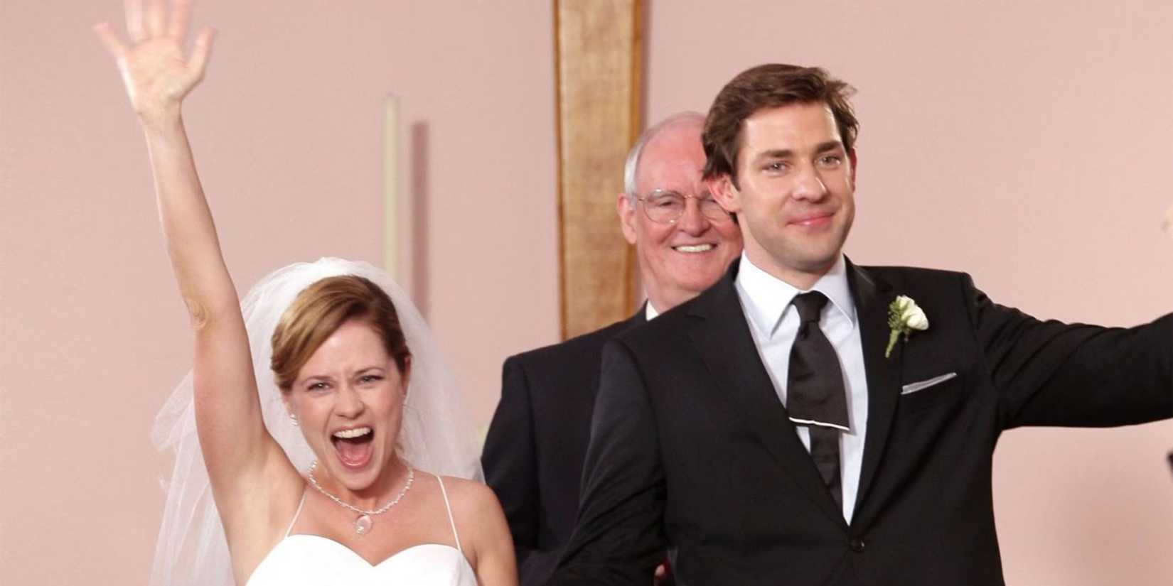 Jenna Fischer as Pam and John Krasinski as Jim, smiling and full of joy at their wedding in The Office.